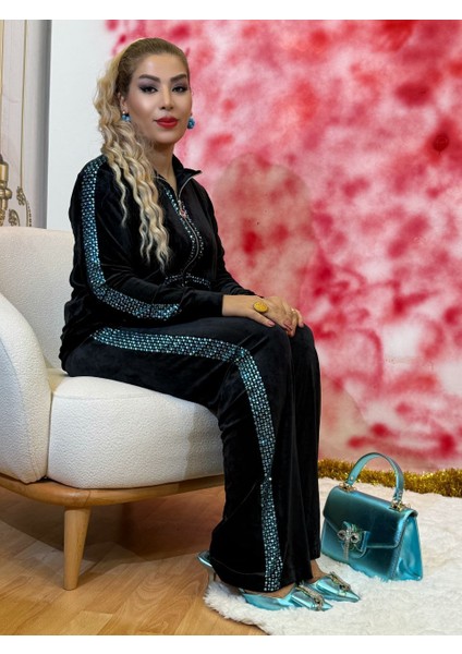 Takım Kadın Siyah Kadife Ayna Işlemeli Fermuarlı Eşofman Takımı Günlük Kullanım,sonbahar ve Kış indirimleri