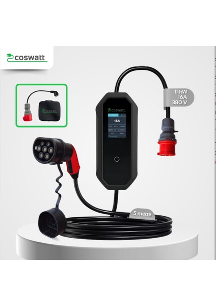 Coswatt Taşınabilir Şarj Cihazı 11 Kw / 3P-16A / Tip-2 / 5X16A Fiş / 5m Kablolu / 380V Ac / Ev Tipi Dönüştürücü Kablo ve Taşıma Çantası Hediyeli