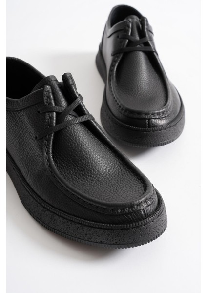 Oren Erkek Siyah Hakiki Deri Bağcıklı Casual Ayakkabı