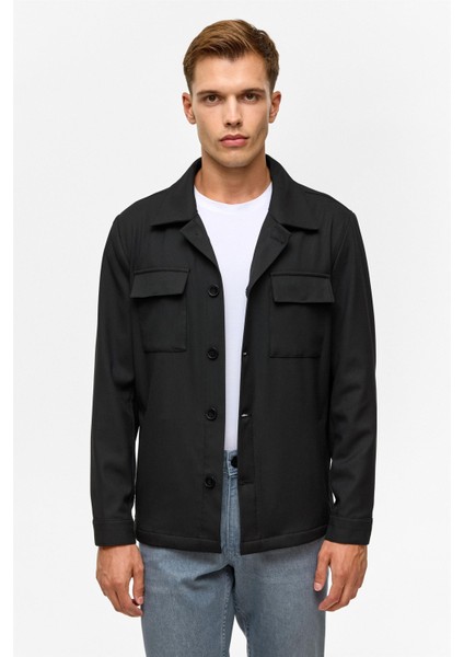 Siyah Slim Desenli Klasik Yaka Mont