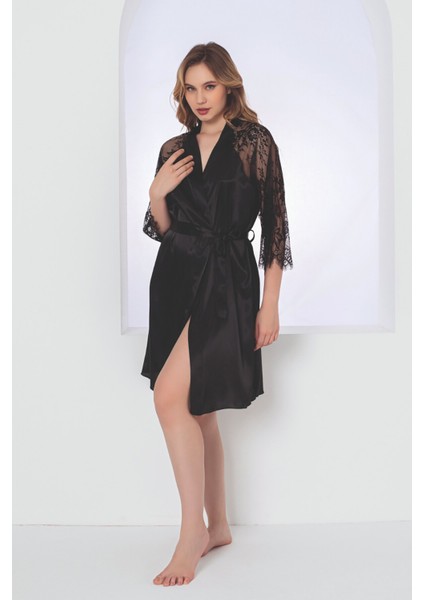 Siyah Gardenia Lacy Saten Tek Sabahlık