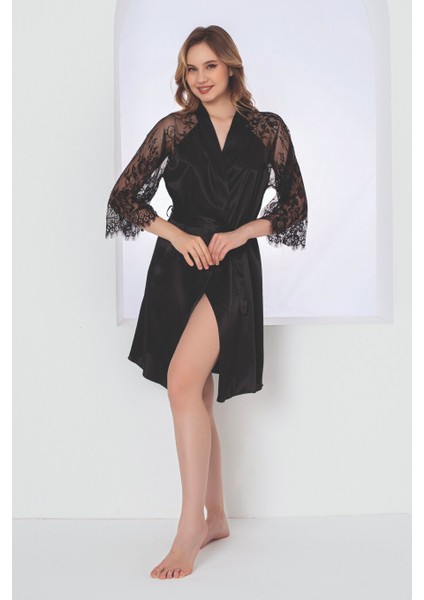 Siyah Gardenia Lacy Saten Tek Sabahlık modelleri