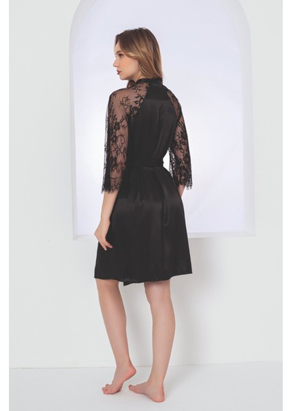 Siyah Gardenia Lacy Saten Tek Sabahlık fırsatları