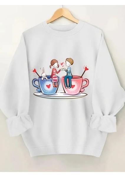 Kadın Kahve Aşkı Baskılı Bisiklet Yaka Oversize Sweatshirt