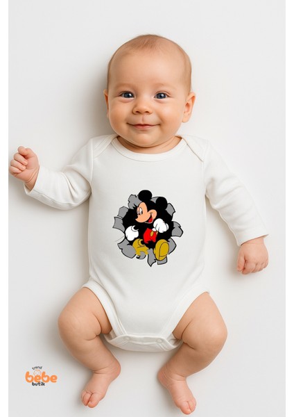 Mickey Mouse Desenli Bebek Body | 06-18 Ay | %100 Pamuk, Uzun Kollu Zıbın, Erkek & Kız Bebek Için