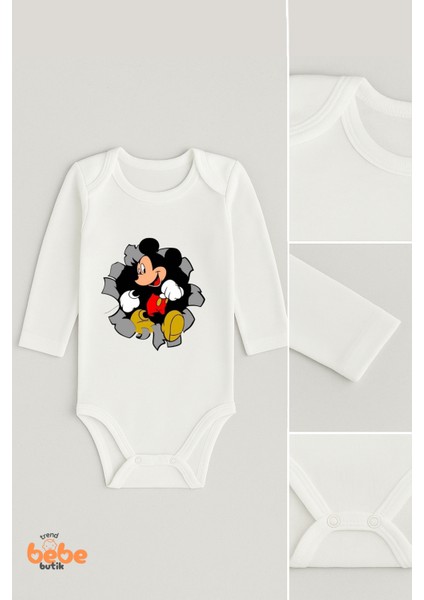 Mickey Mouse Desenli Bebek Body | 06-18 Ay | %100 Pamuk, Uzun Kollu Zıbın, Erkek & Kız Bebek Için fiyatları