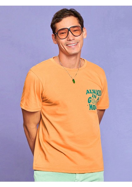 Kayısı Rengi Always In A Good Mood Baskılı 100% Pamuk T-Shirt