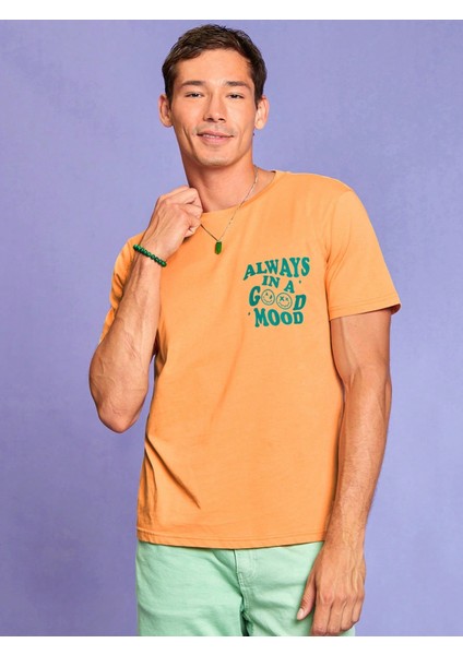 Kayısı Rengi Always In A Good Mood Baskılı 100% Pamuk T-Shirt modelleri