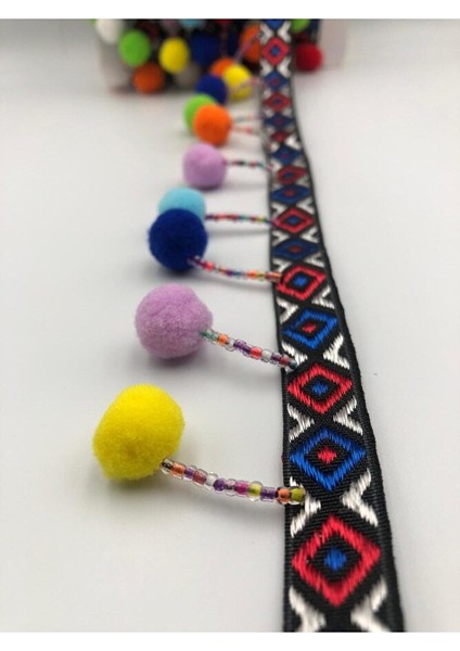1 mt Renkli Boncuk Işlemeli Ponponlu Saçak Şerit, 7cm, Dekoratif, Süsleme, Etnik Şerit