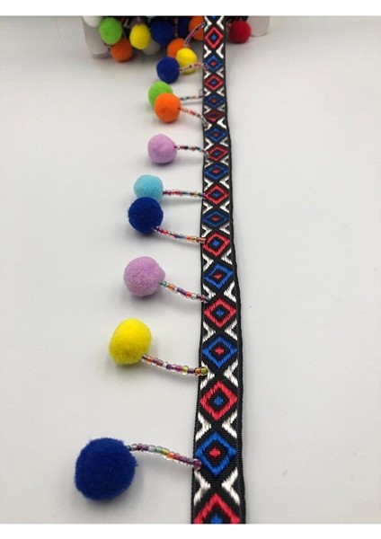 1 mt Renkli Boncuk Işlemeli Ponponlu Saçak Şerit, 7cm, Dekoratif, Süsleme, Etnik Şerit fiyatları