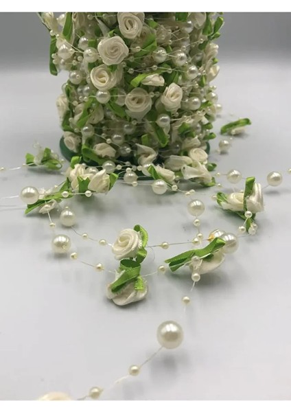 3 Metre Misinalı Şerit Inci Gül Yapraklı Boncuk Şerit Çiçek Süsleme Dekorasyon Boncuğu