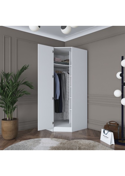 BA140 Köşe Modül Gardırop Tek Kapaklı Raflı Elbise Dolabı Tamamlayıcı Köşe Ünitesi Beyaz fırsatları