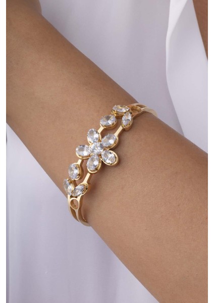 Zirkon Taşlı Yonca Altın Kaplama Çelik Kelepçe Bileklik