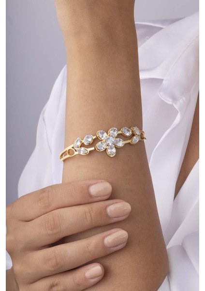 Zirkon Taşlı Yonca Altın Kaplama Çelik Kelepçe Bileklik fiyatları