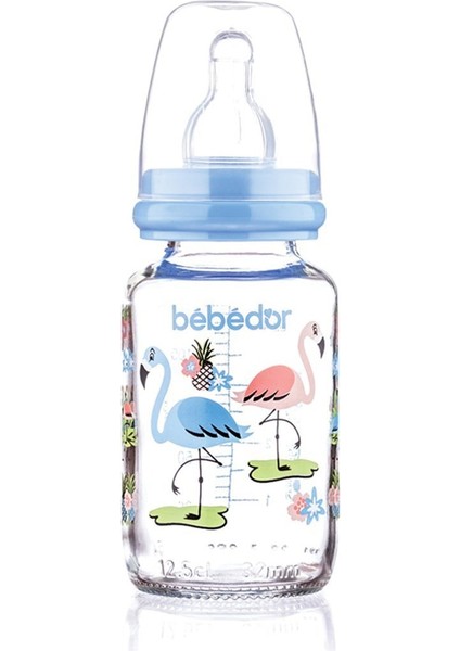 Desenli Cam Biberon Flamingo, 125ML, Dar Ağız, Mavi, Sağlıklı ve Şık Tasarım