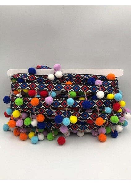 1 mt Renkli Boncuk Işlemeli Ponponlu Saçak Şerit, 7cm, Dekoratif, Süsleme, Etnik Şerit modelleri