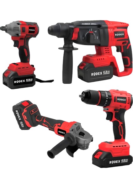 Rodex 20V Akülü 4’lü Şarjlı Matkap Seti Darbeli Matkap, Vidalama, Somun Sıkma ve Taşlama Makinesi