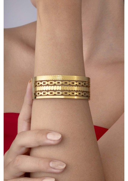 Zincir Geçişli 5 Sıra Altın Kaplama Kadın Çelik Kelepçe Bileklik