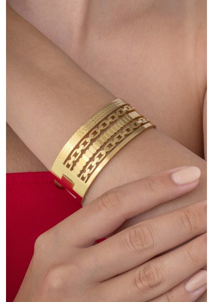 Zincir Geçişli 5 Sıra Altın Kaplama Kadın Çelik Kelepçe Bileklik modelleri