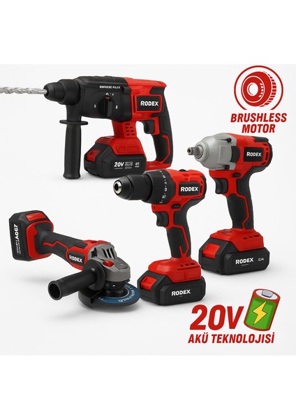 Rodex 20V Akülü 4’lü Şarjlı Matkap Seti Darbeli Matkap, Vidalama, Somun Sıkma ve Taşlama Makinesi fiyatları