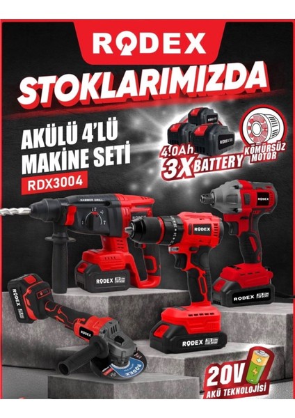 Rodex 20V Akülü 4’lü Şarjlı Matkap Seti Darbeli Matkap, Vidalama, Somun Sıkma ve Taşlama Makinesi modelleri