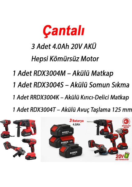 Rodex 20V Akülü 4’lü Şarjlı Matkap Seti Darbeli Matkap, Vidalama, Somun Sıkma ve Taşlama Makinesi fırsatları