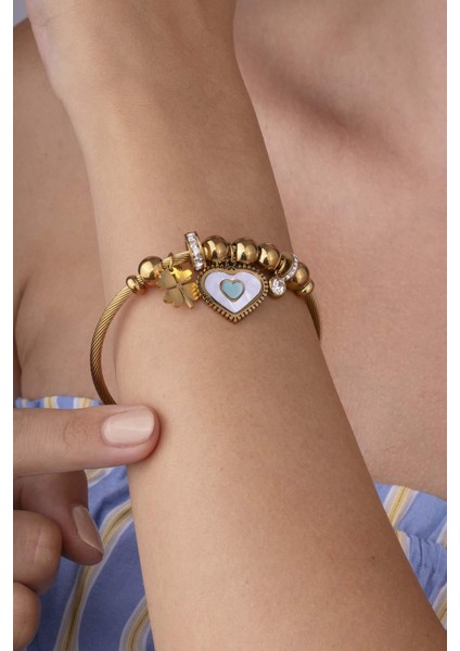 Kalp Yonca Figürlü Altın Kaplama Çelik Kadın Charm Bileklik