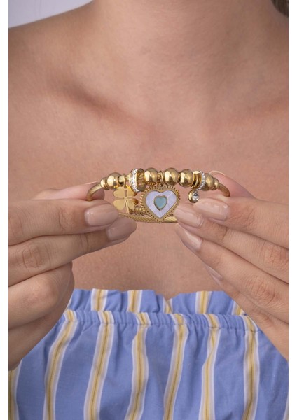 Kalp Yonca Figürlü Altın Kaplama Çelik Kadın Charm Bileklik fiyatları