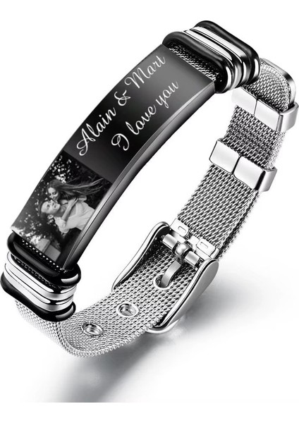 Kişiye Özel Resim Baskılı 2 Satır Isim Yazılı Çelik Bileklik Sevgiliye Hediye SCB13G