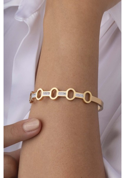 Oval Geçişli Altın Kaplama Çelik Kadın Kelepçe Bileklik