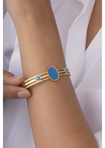 Firuze Taşlı 3 Sıra Altın Kaplama Kadın Kelepçe Bileklik
