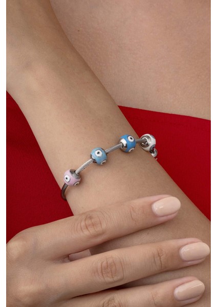 Renkli Göz Motifli Altın Kaplama Kadın Çelik Charm Bileklik