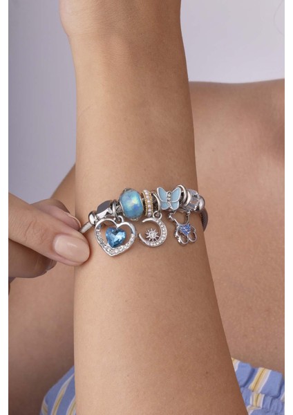 Mavi Taşlı Kalp Panda Figürlü Beyaz Altın Kaplama Çelik Charm Bileklik modelleri