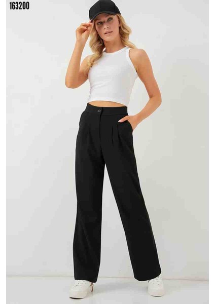 Yüksek Bel Palazzo Pantolon - D. Siyah, Kırmızı Gül Figürlü Kolye Hediye