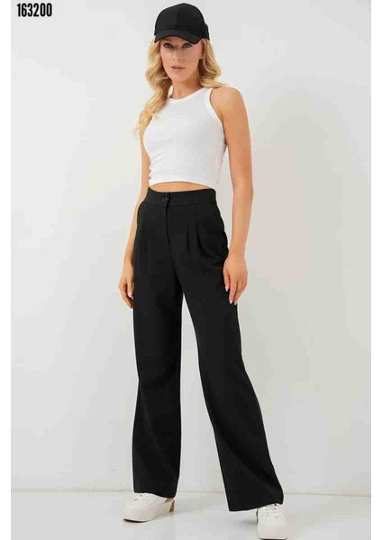 Yüksek Bel Palazzo Pantolon - D. Siyah, Kırmızı Gül Figürlü Kolye Hediye fiyatları