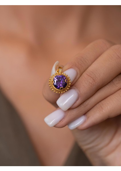 14 Ayar Altın Mor Güneş Taşlı Kolye Ucu modelleri