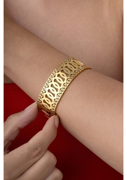 Halka Geçişli Tasarım Altın Kaplama Kadın Çelik Kelepçe Bileklik