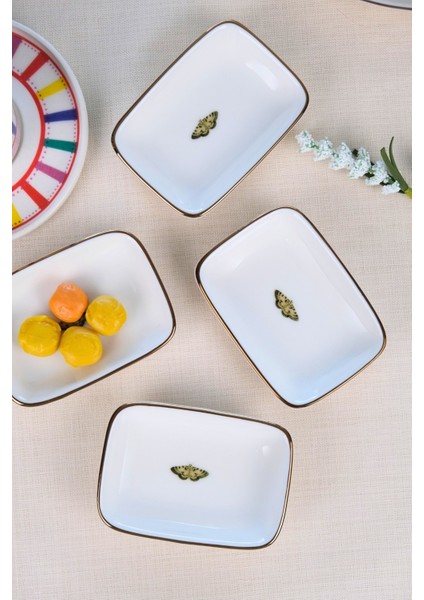 Tabak Evi Porselen Natura Kelebek Altın Yaldızlı Dikdörtgen Kayık Tabak 10X7X2CM 4 Lü
