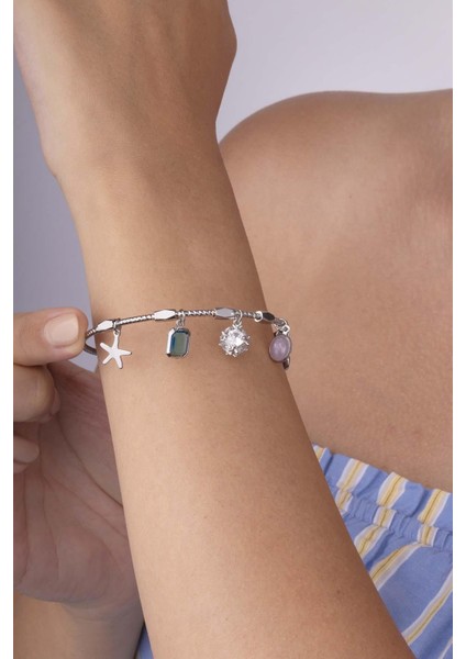 Deniz Yıldızı Nazar Boncuğu Beyaz Altın Kaplama Çelik Kadın Charm Bileklik