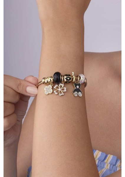 Panda Yonca Figürlü Altın Kaplama Çelik Kadın Charm Bileklik