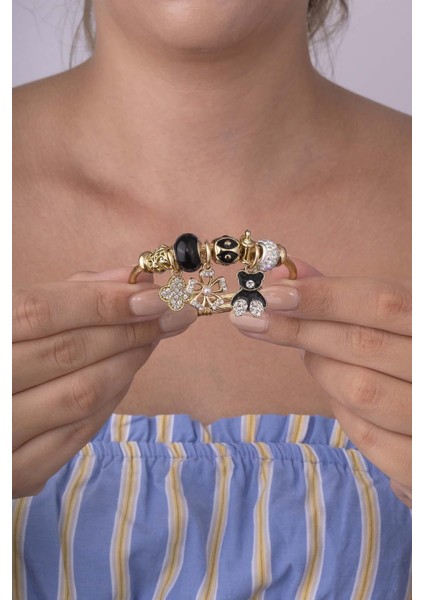 Panda Yonca Figürlü Altın Kaplama Çelik Kadın Charm Bileklik modelleri