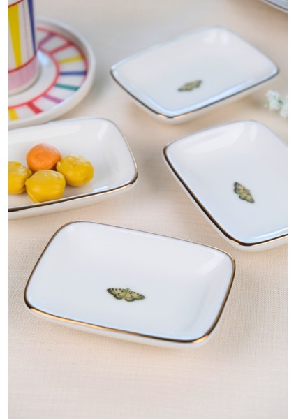 Tabak Evi Porselen Natura Kelebek Altın Yaldızlı Dikdörtgen Kayık Tabak 10X7X2CM 4 Lü modelleri