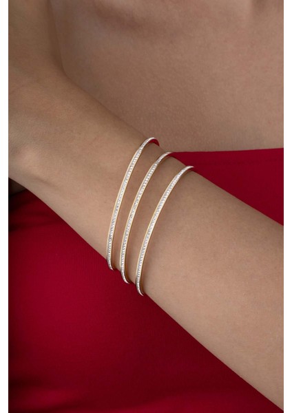 Tek Sıra Taşlı Altın Kaplama Üçlü Ajda Kadın Çelik Bilezik