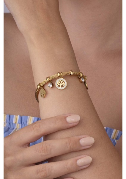 Fil Yonca Figürlü Aqua Taşlı Altın Kaplama Çelik Kadın Charm Bileklik