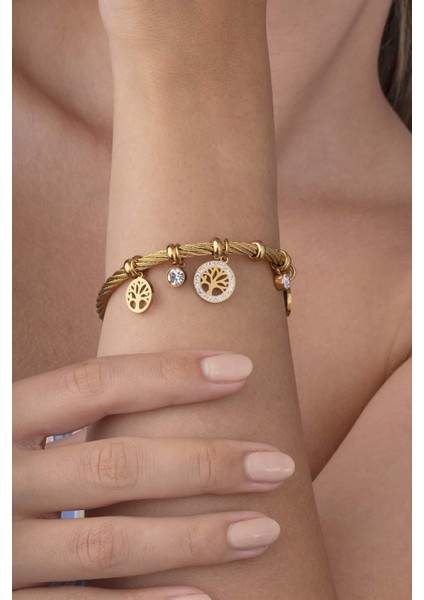 Fil Yonca Figürlü Aqua Taşlı Altın Kaplama Çelik Kadın Charm Bileklik modelleri