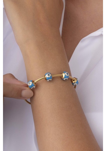 Mavi Göz Motifli Altın Kaplama Kadın Çelik Charm Bileklik