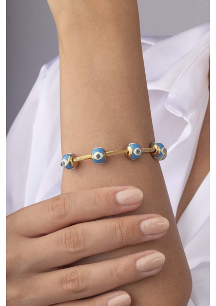 Mavi Göz Motifli Altın Kaplama Kadın Çelik Charm Bileklik fiyatları