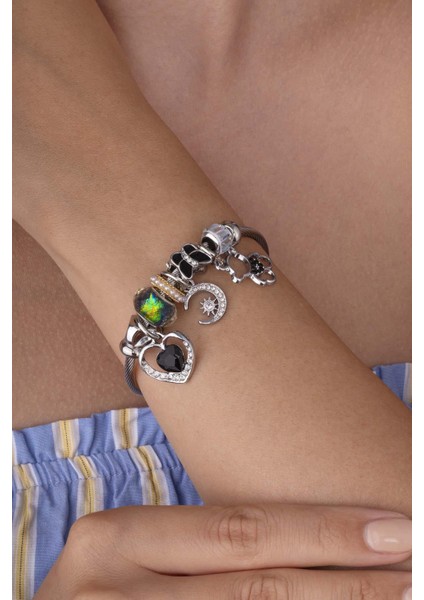 Ayıcık Kalp Kelebek Figürlü Beyaz Altın Kaplama Kadın Çelik Charm Bileklik