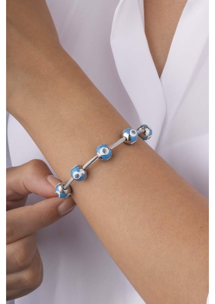 Mavi Göz Motifli Beyaz Altın Kaplama Kadın Çelik Charm Bileklik