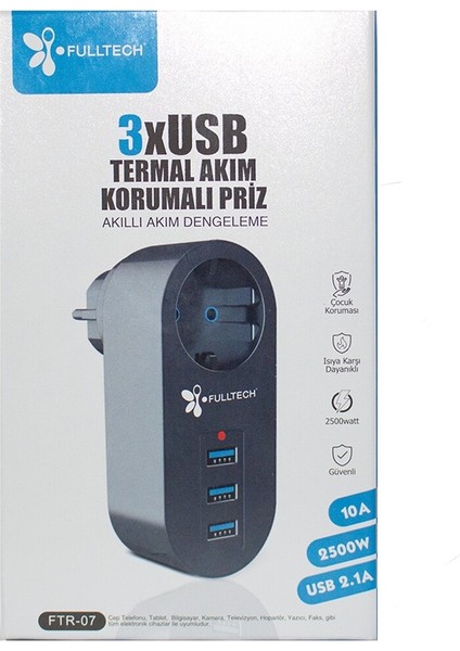Akım Korumalı Tekli Priz, 3 Usb, Akıllı Dengeleme, Isıya Dayanıklı